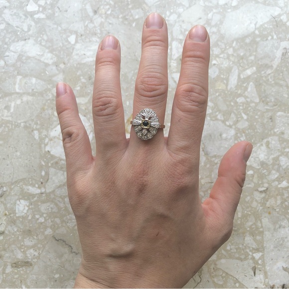 Art Deco Sapphire Ring Yellow Gold Lab Diamond Halo Vintage Ring - Picture 7 of 11